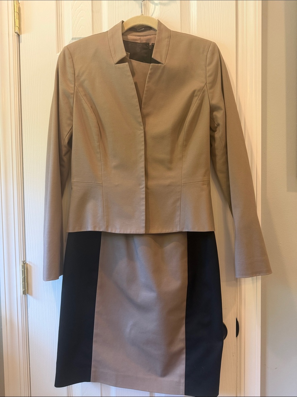 Tahari Two-Tone Beige and Black sheath Dress and taupe Collarless Blazer